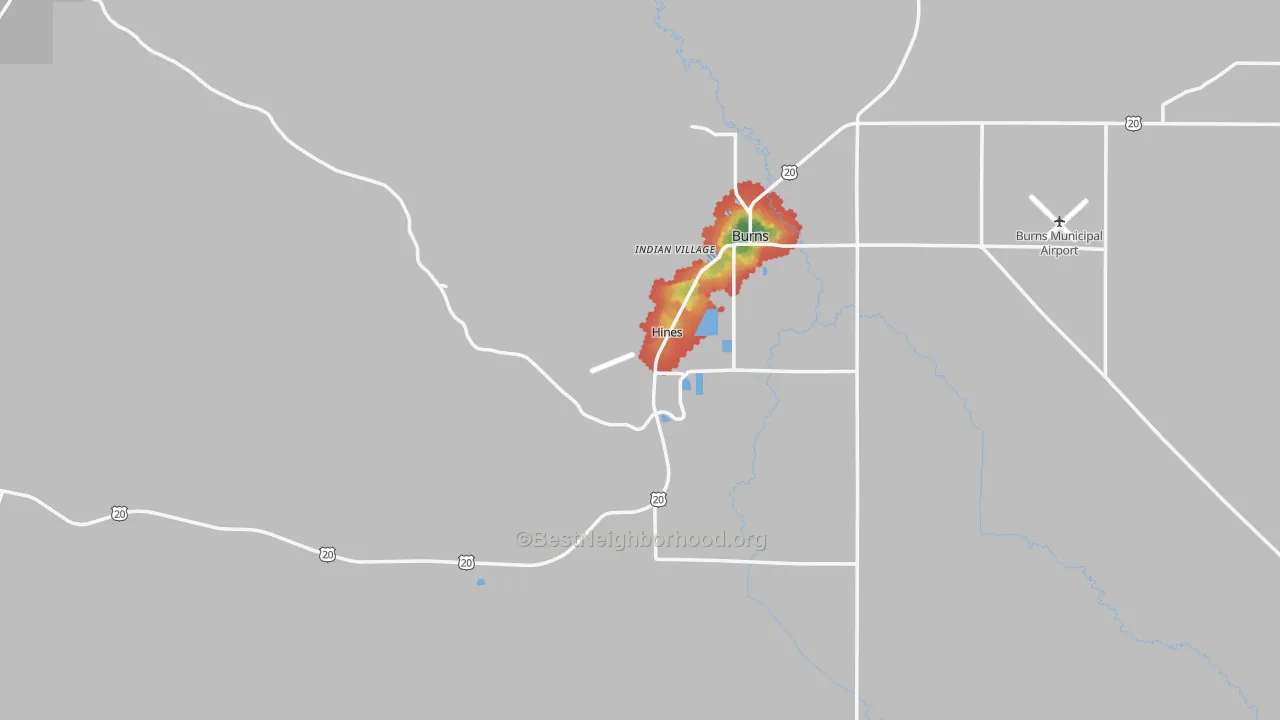 Walk Grade map of 97738, OR, walkable areas in green and car-dependent areas in red