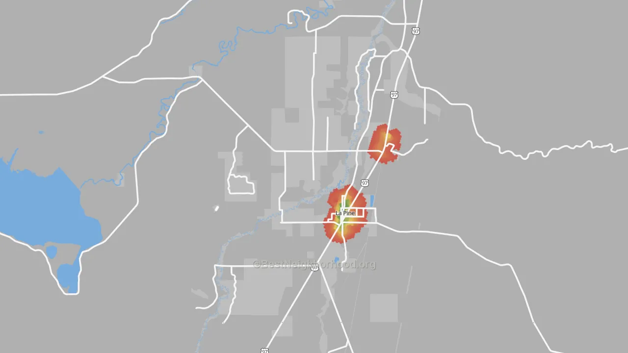 Walk Grade map of 97739, OR, walkable areas in green and car-dependent areas in red