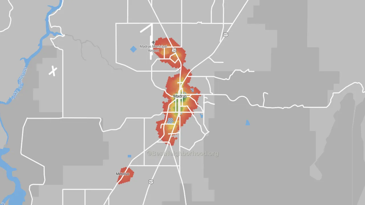 Walk Grade map of 97741, OR, walkable areas in green and car-dependent areas in red