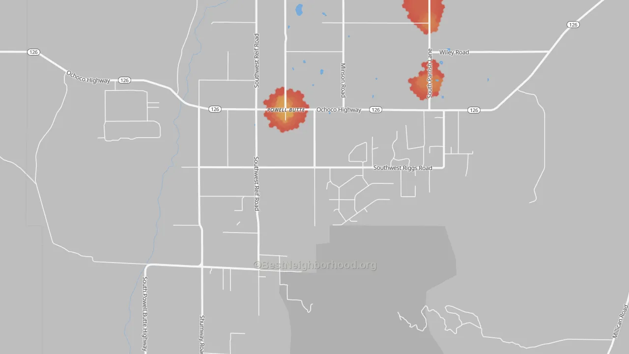 Walk Grade map of 97753, OR, walkable areas in green and car-dependent areas in red