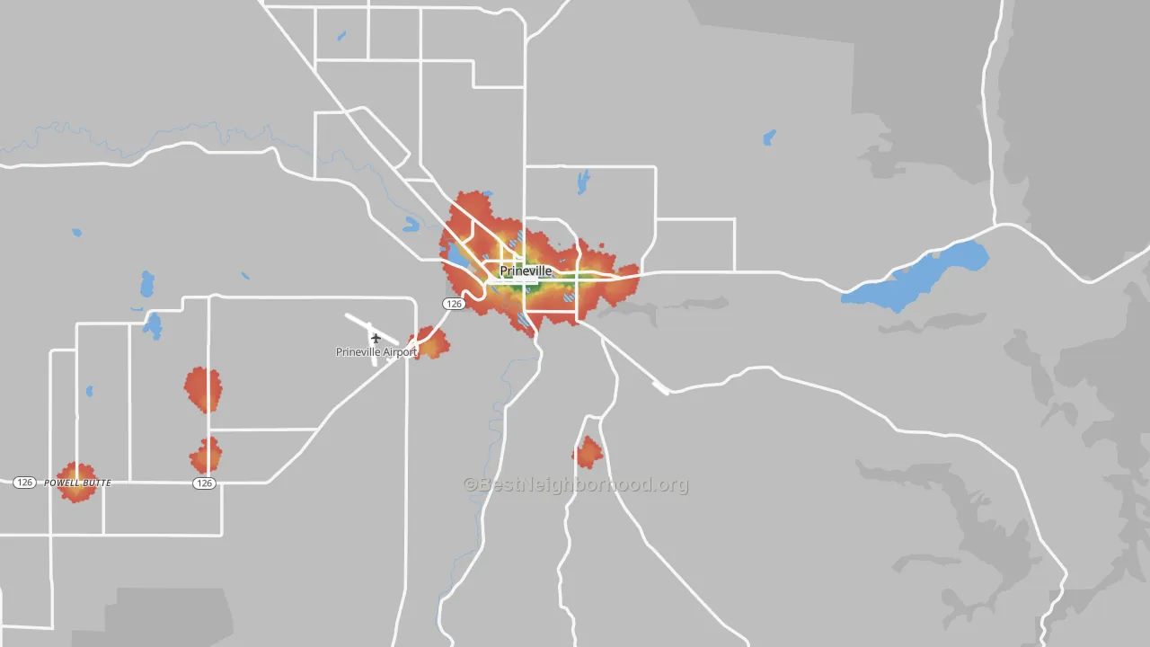 Walk Grade map of 97754, OR, walkable areas in green and car-dependent areas in red