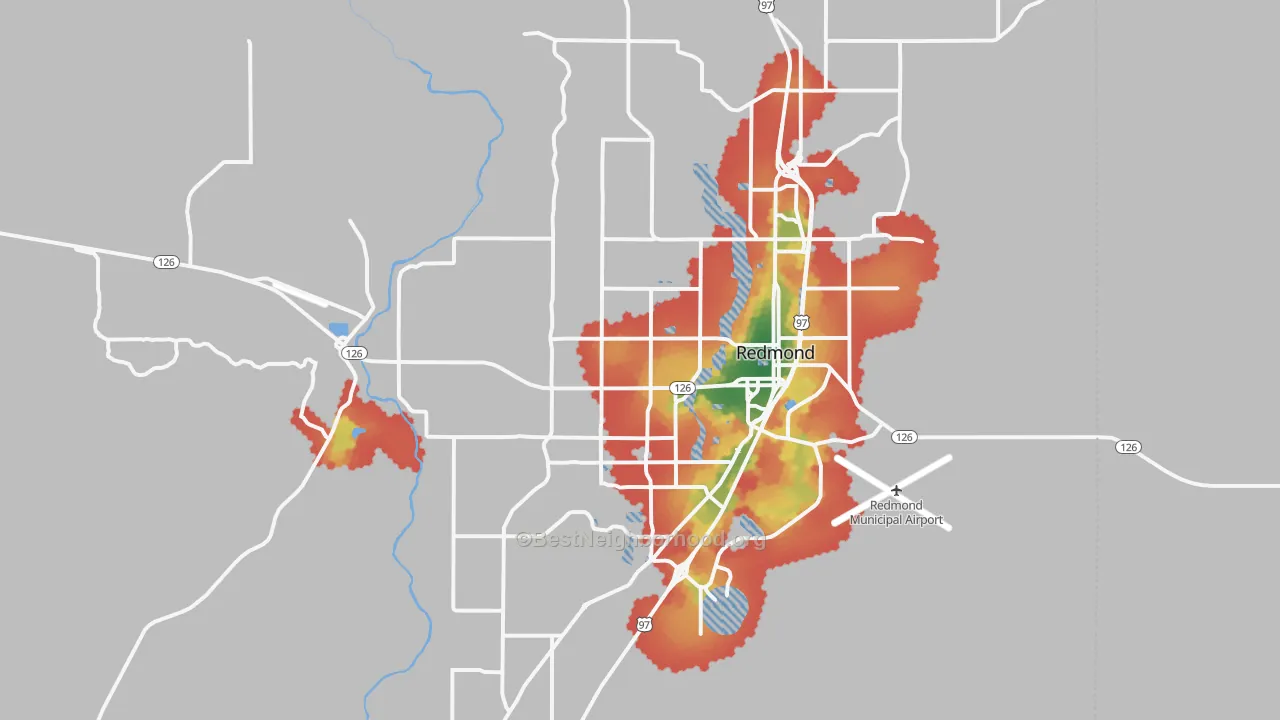 Walk Grade map of 97756, OR, walkable areas in green and car-dependent areas in red