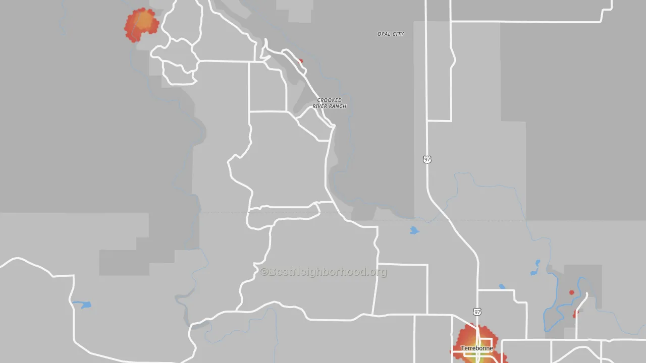 Walk Grade map of 97760, OR, walkable areas in green and car-dependent areas in red