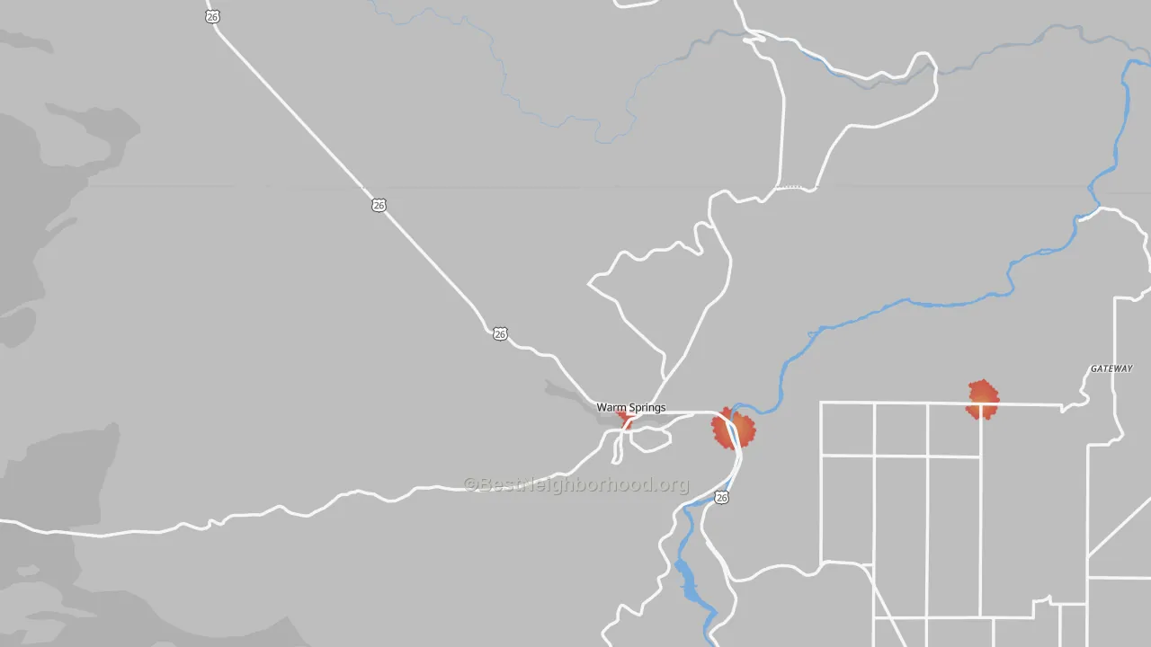 Walk Grade map of 97761, OR, walkable areas in green and car-dependent areas in red