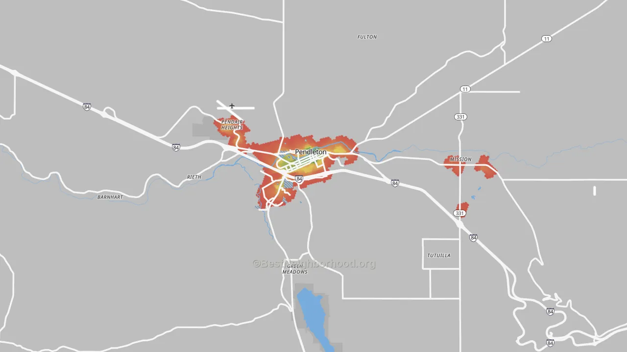 Walk Grade map of 97801, OR, walkable areas in green and car-dependent areas in red