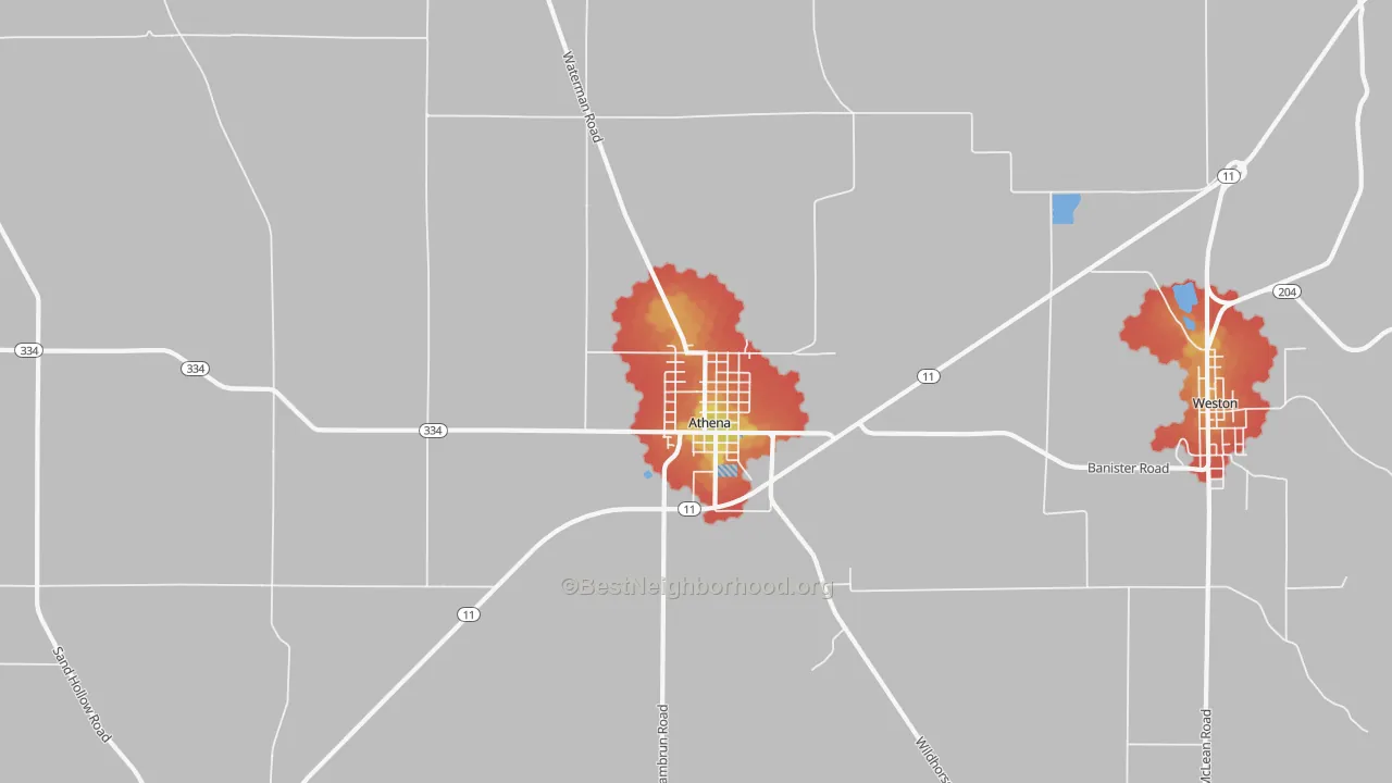 Walk Grade map of 97813, OR, walkable areas in green and car-dependent areas in red