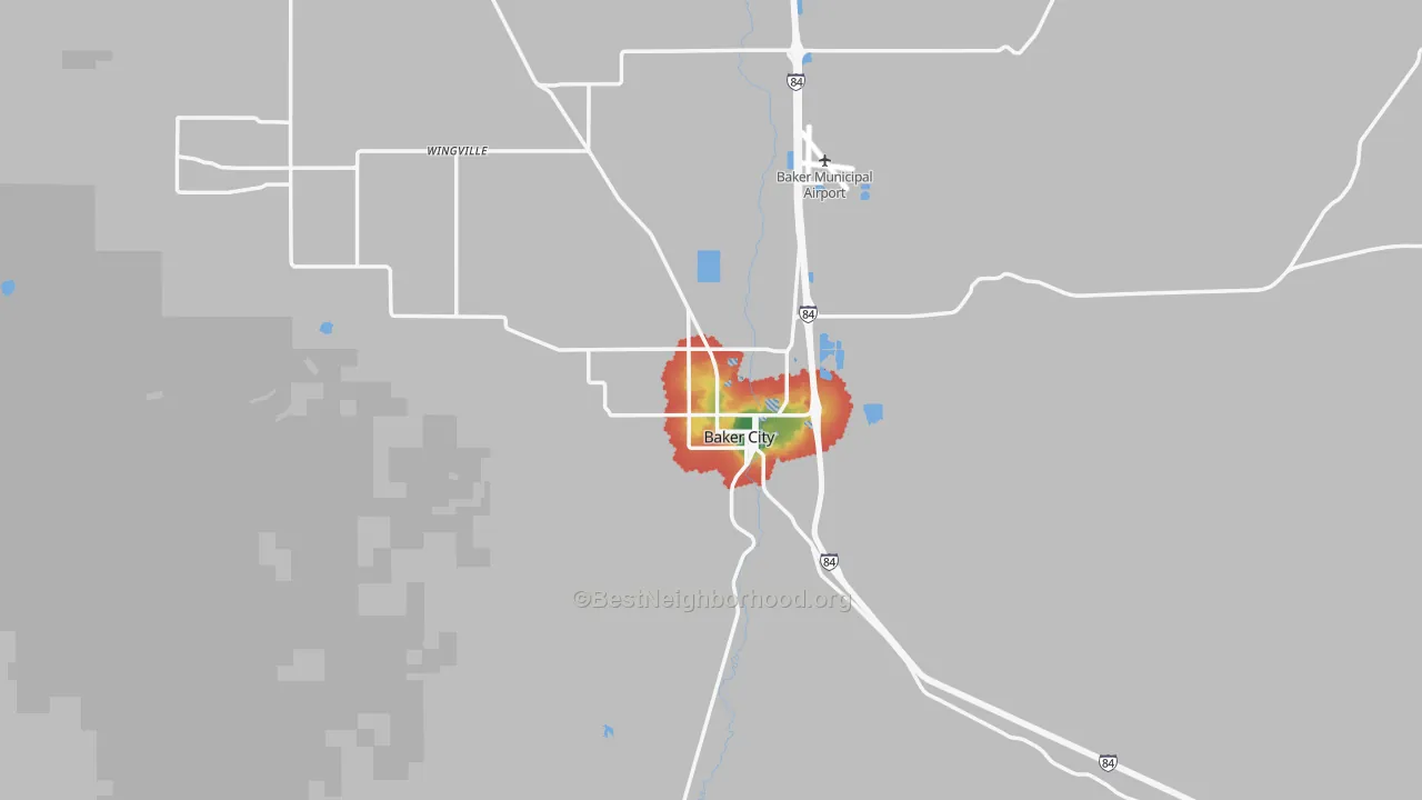 Walk Grade map of 97814, OR, walkable areas in green and car-dependent areas in red