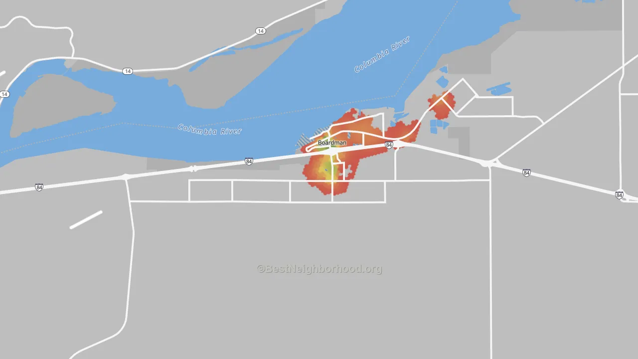 Walk Grade map of 97818, OR, walkable areas in green and car-dependent areas in red