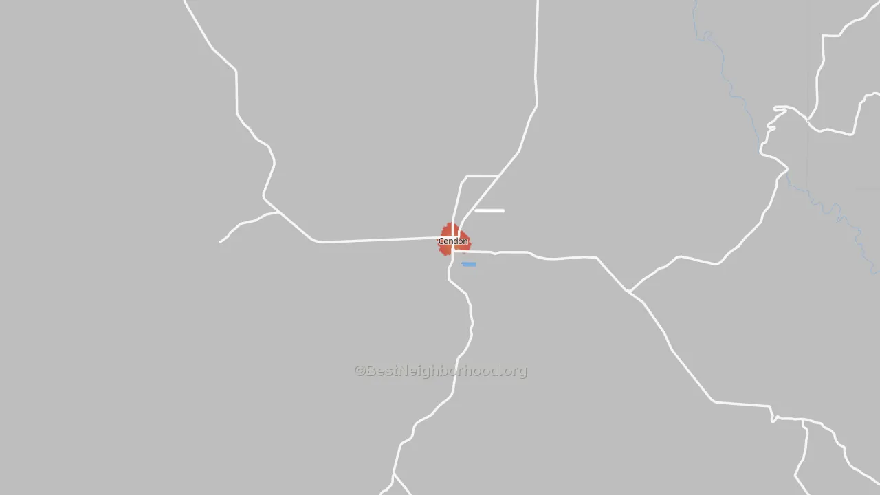 Walk Grade map of 97823, OR, walkable areas in green and car-dependent areas in red