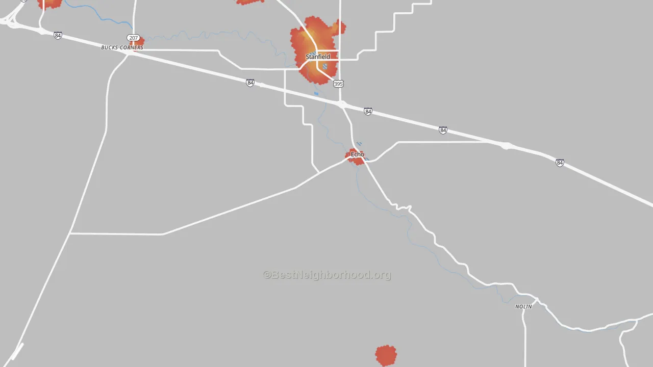 Walk Grade map of 97826, OR, walkable areas in green and car-dependent areas in red