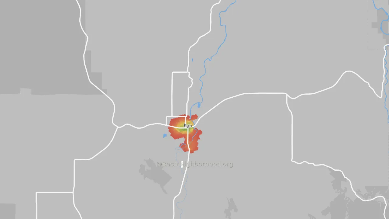 Walk Grade map of 97827, OR, walkable areas in green and car-dependent areas in red