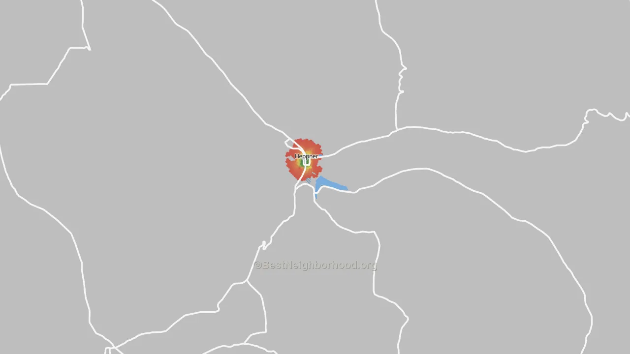 Walk Grade map of 97836, OR, walkable areas in green and car-dependent areas in red