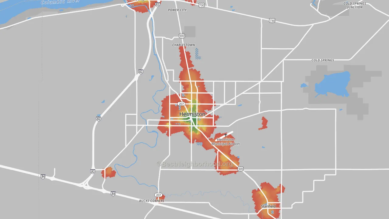 Walk Grade map of 97838, OR, walkable areas in green and car-dependent areas in red