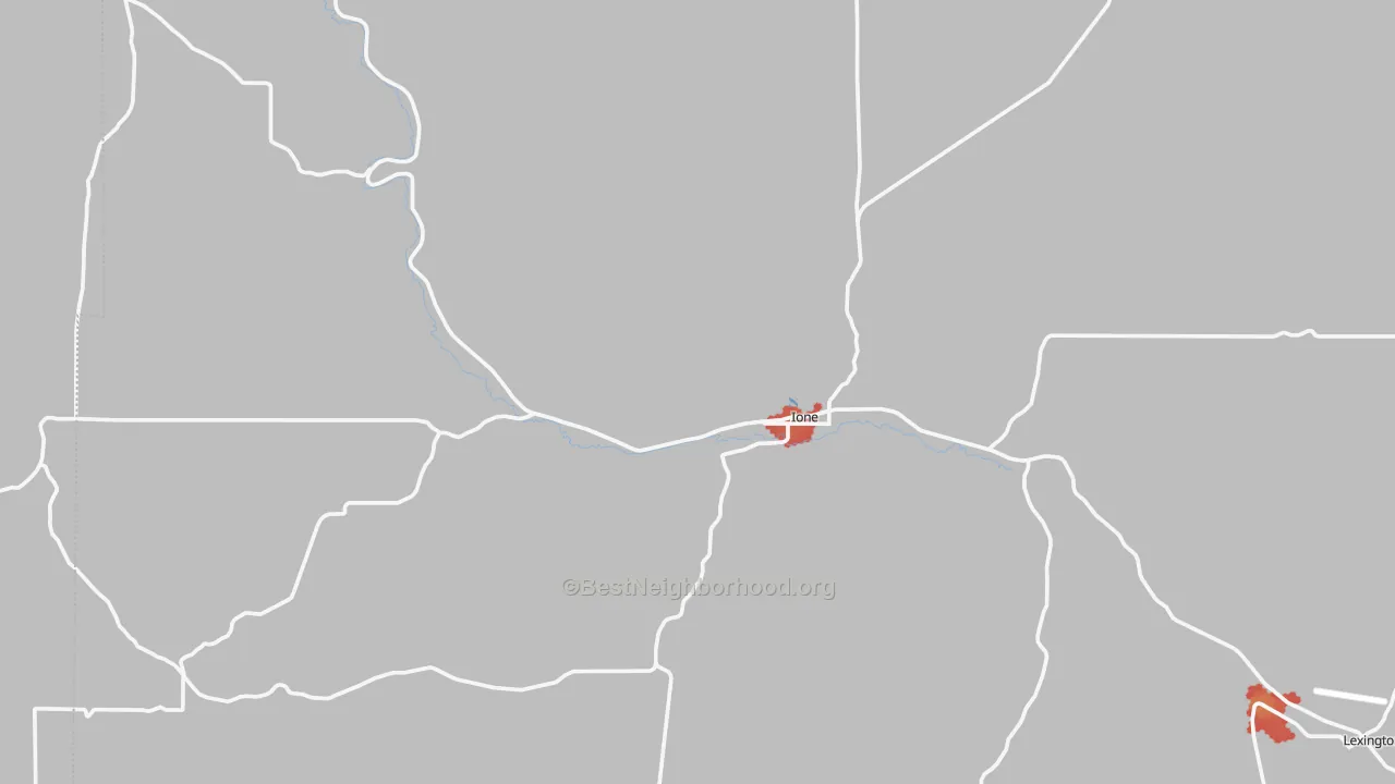 Walk Grade map of 97843, OR, walkable areas in green and car-dependent areas in red