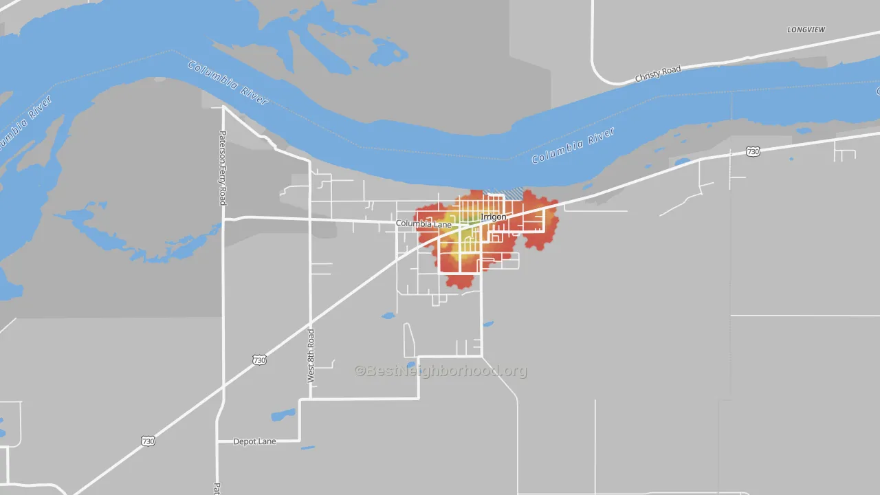 Walk Grade map of 97844, OR, walkable areas in green and car-dependent areas in red