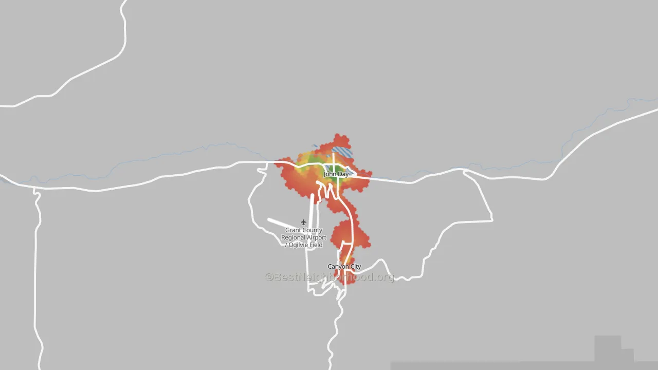 Walk Grade map of 97845, OR, walkable areas in green and car-dependent areas in red