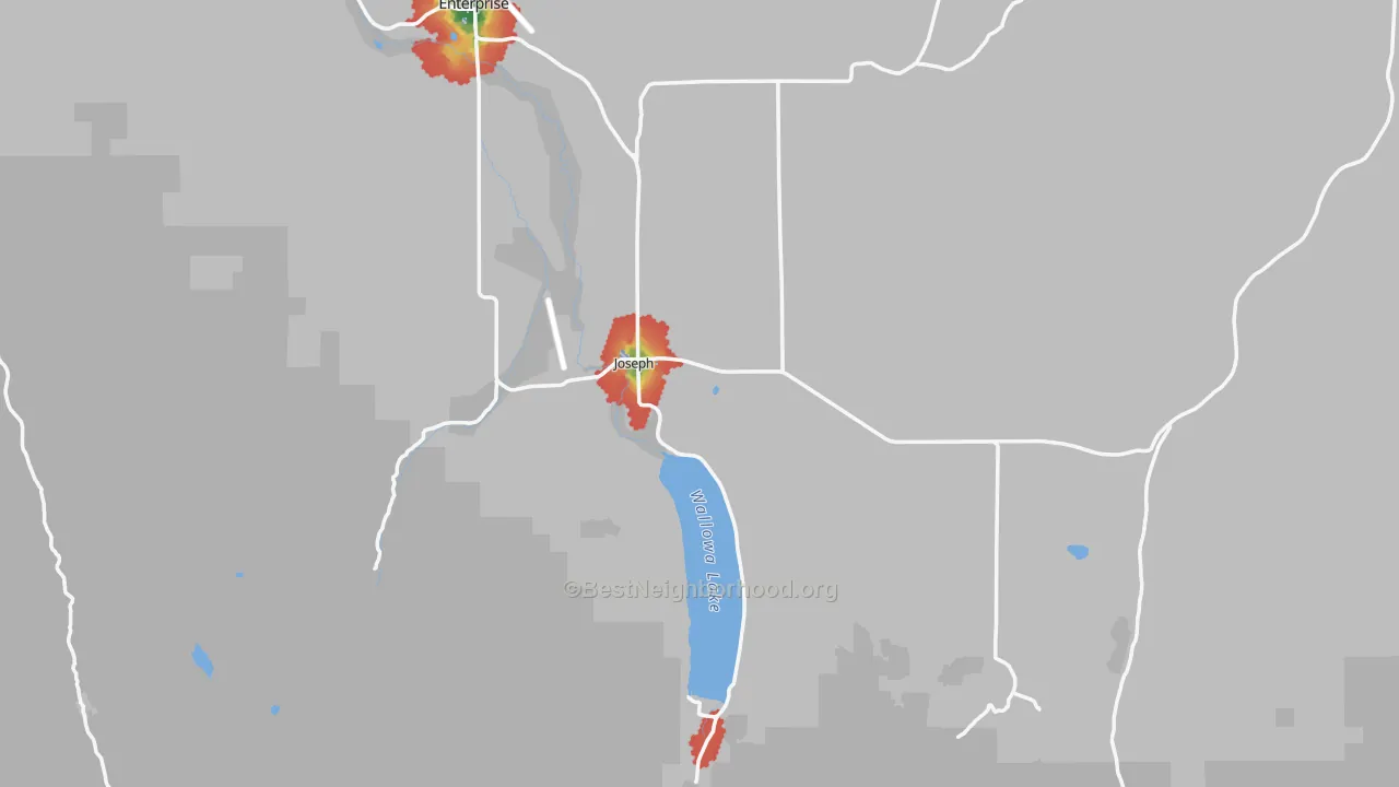 Walk Grade map of 97846, OR, walkable areas in green and car-dependent areas in red