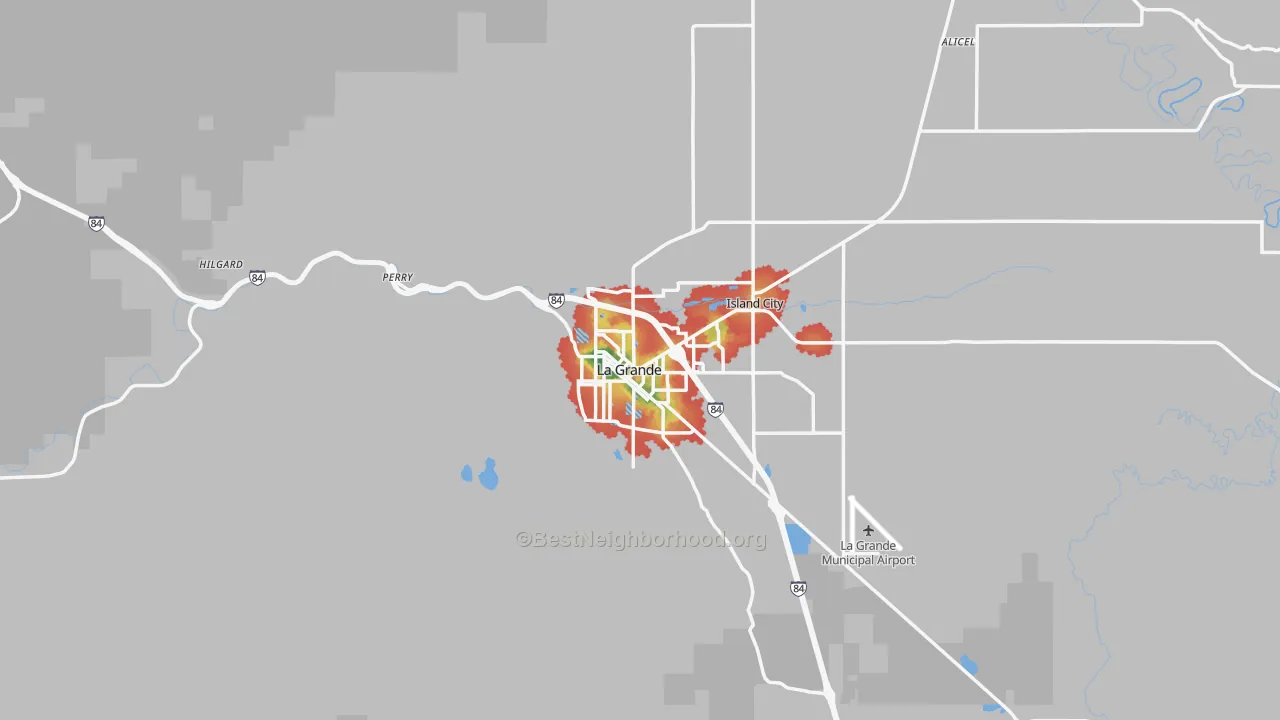 Walk Grade map of 97850, OR, walkable areas in green and car-dependent areas in red
