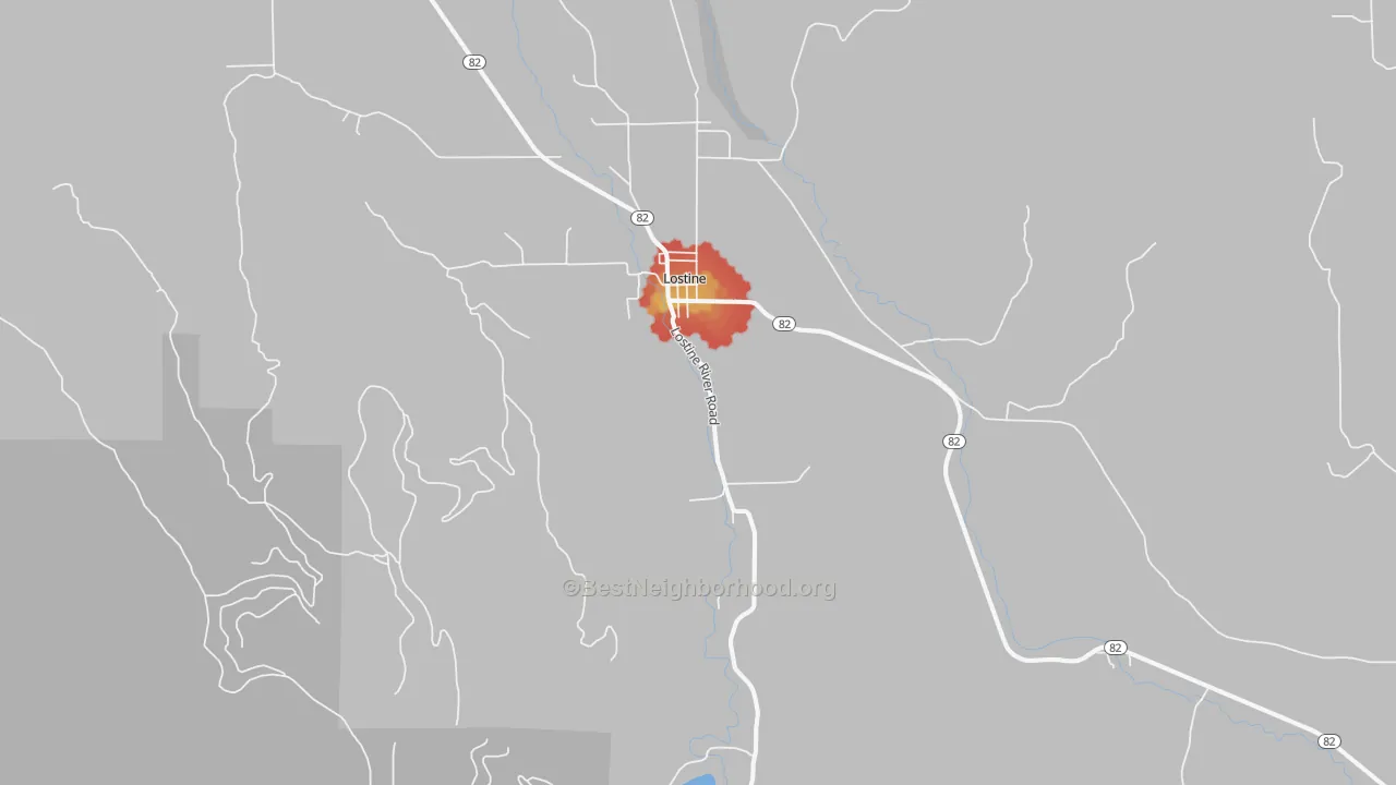 Walk Grade map of 97857, OR, walkable areas in green and car-dependent areas in red
