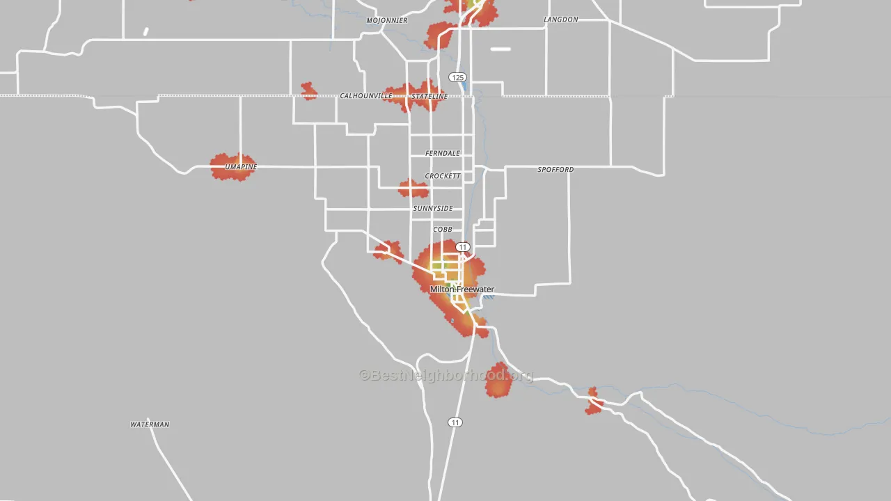 Walk Grade map of 97862, OR, walkable areas in green and car-dependent areas in red