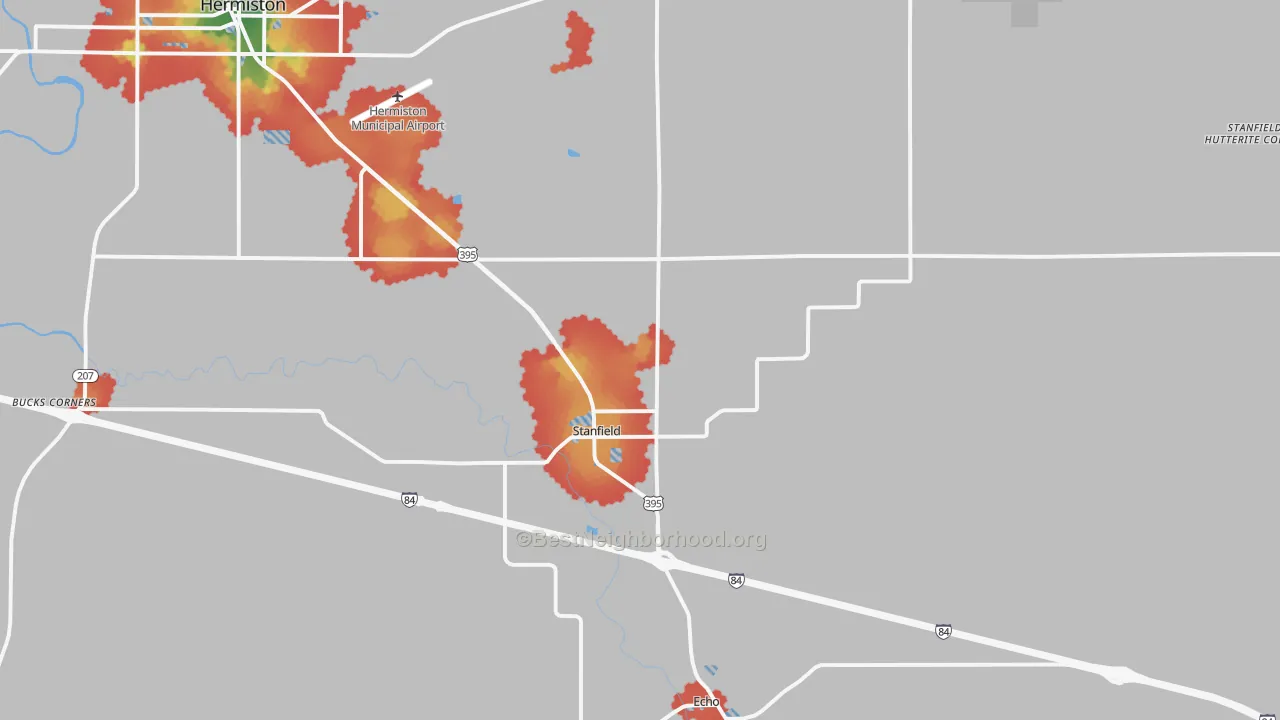 Walk Grade map of 97875, OR, walkable areas in green and car-dependent areas in red