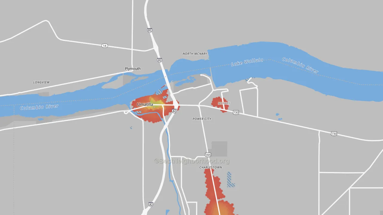 Walk Grade map of 97882, OR, walkable areas in green and car-dependent areas in red