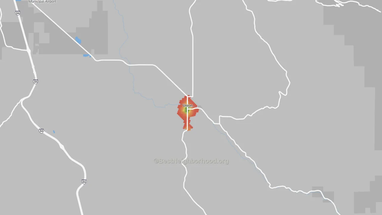 Walk Grade map of 97883, OR, walkable areas in green and car-dependent areas in red
