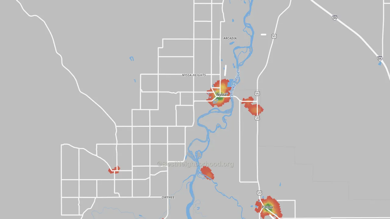 Walk Grade map of 97913, OR, walkable areas in green and car-dependent areas in red