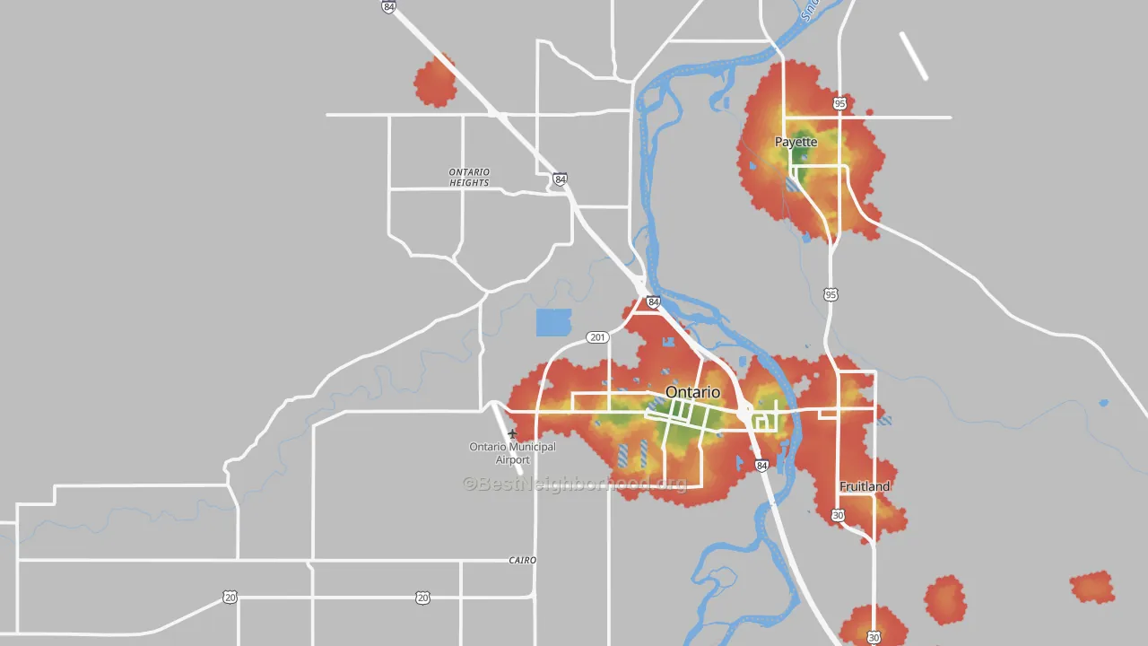 Walk Grade map of 97914, OR, walkable areas in green and car-dependent areas in red