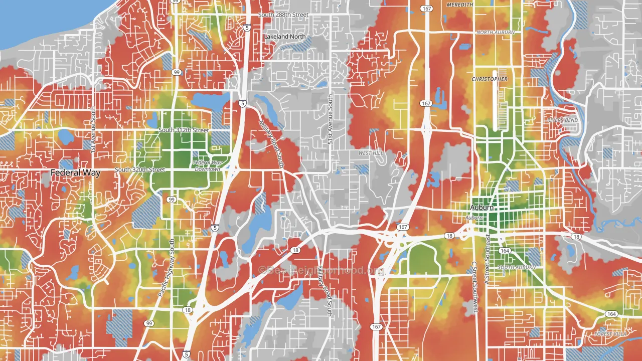 Walk Grade map of 98001, WA, walkable areas in green and car-dependent areas in red