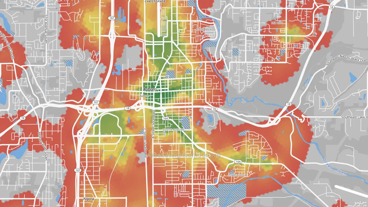 Walk Grade map of 98002, WA, walkable areas in green and car-dependent areas in red