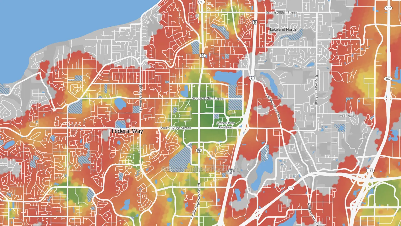 Walk Grade map of 98003, WA, walkable areas in green and car-dependent areas in red