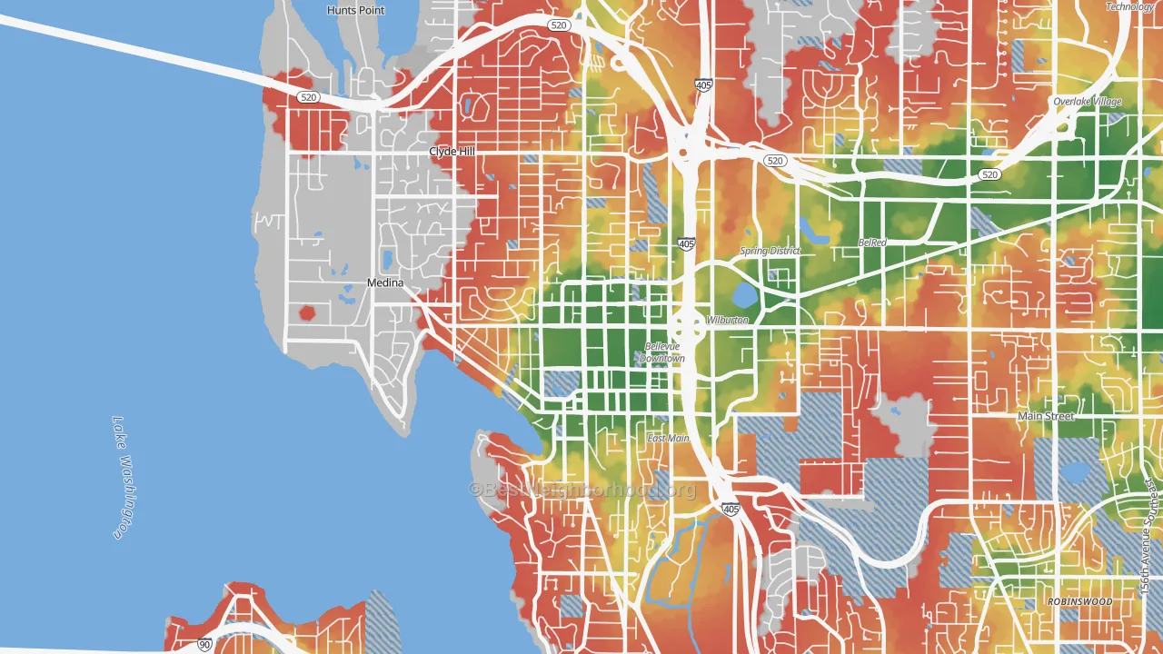 Walk Grade map of 98004, WA, walkable areas in green and car-dependent areas in red