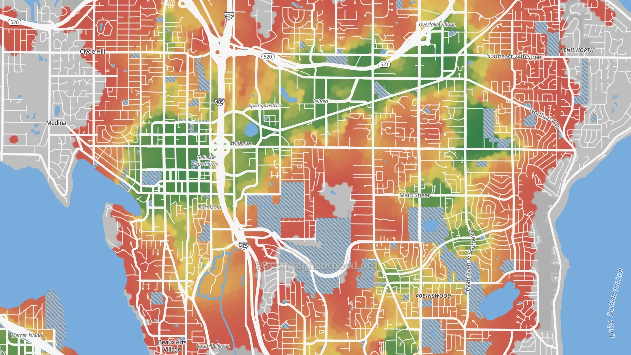 Walk Grade map of 98005, WA, walkable areas in green and car-dependent areas in red