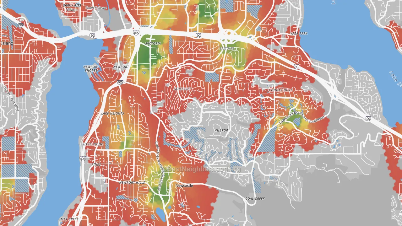 Walk Grade map of 98006, WA, walkable areas in green and car-dependent areas in red