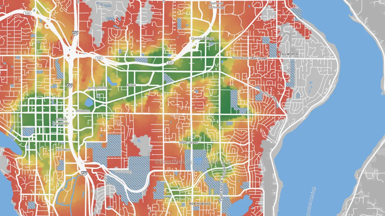 Walk Grade map of 98007, WA, walkable areas in green and car-dependent areas in red