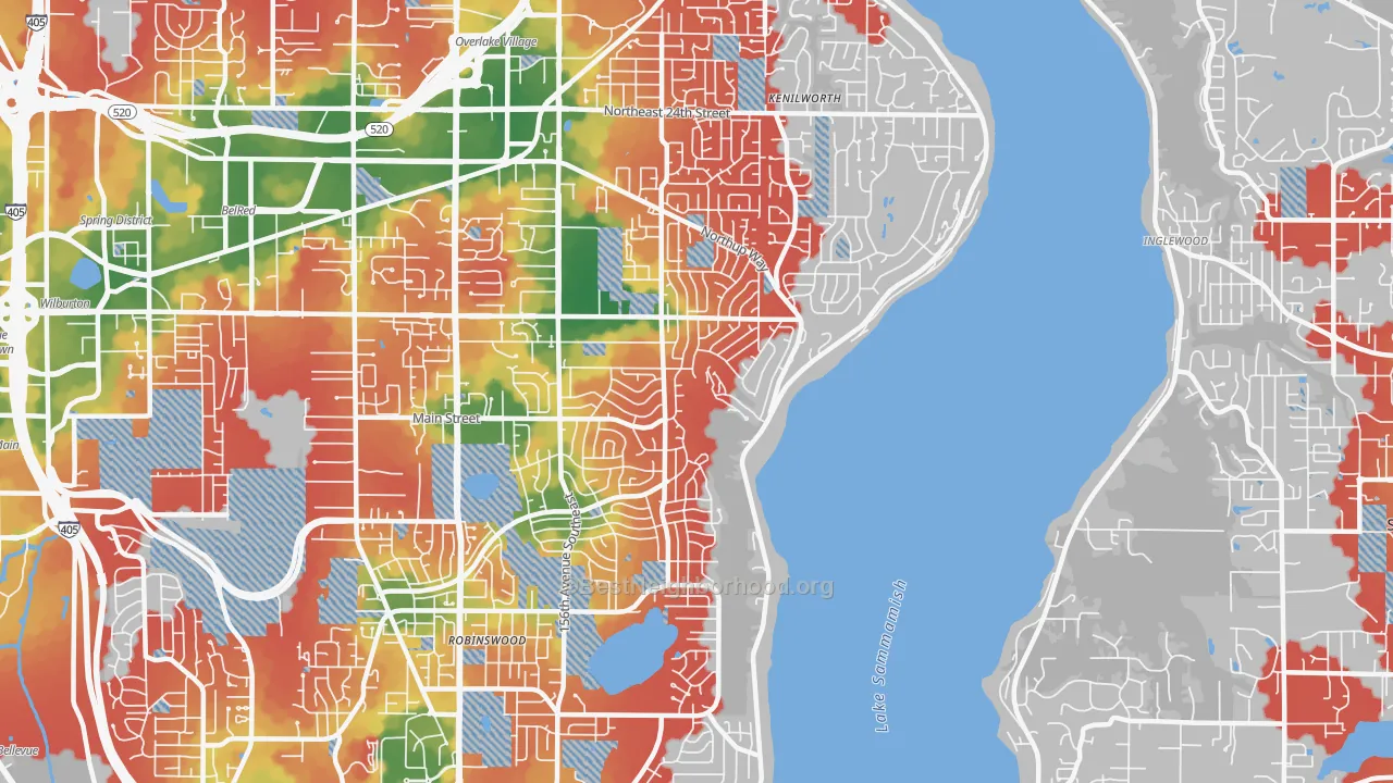 Walk Grade map of 98008, WA, walkable areas in green and car-dependent areas in red