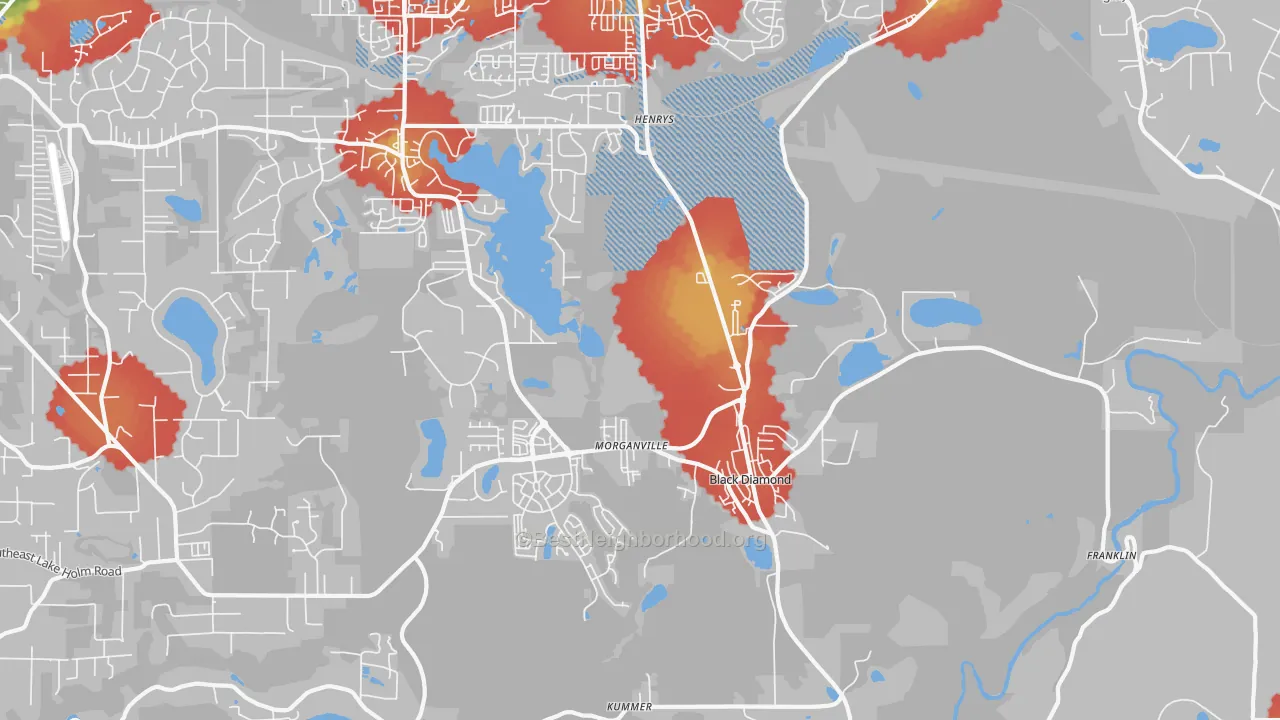Walk Grade map of 98010, WA, walkable areas in green and car-dependent areas in red