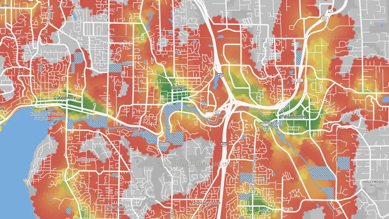 Walk Grade map of 98011, WA, walkable areas in green and car-dependent areas in red