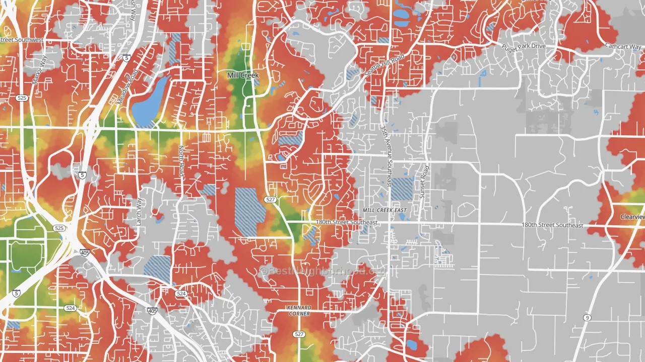 Walk Grade map of 98012, WA, walkable areas in green and car-dependent areas in red