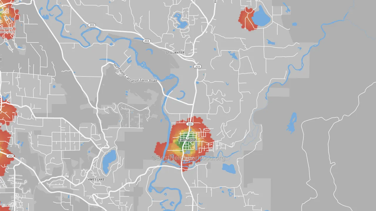 Walk Grade map of 98014, WA, walkable areas in green and car-dependent areas in red