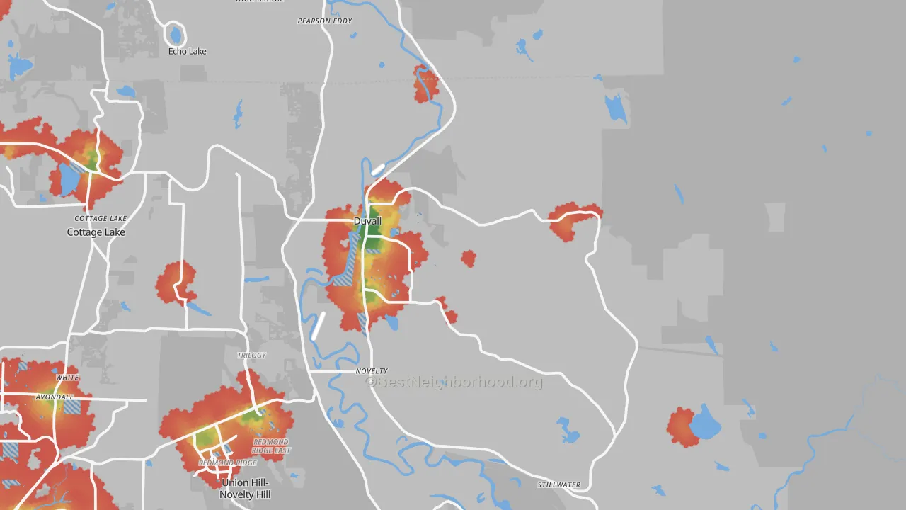 Walk Grade map of 98019, WA, walkable areas in green and car-dependent areas in red