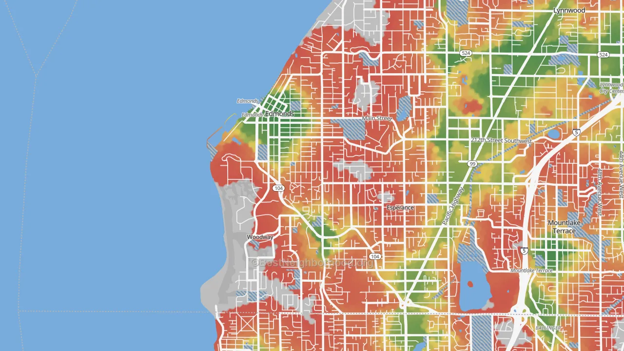 Walk Grade map of 98020, WA, walkable areas in green and car-dependent areas in red