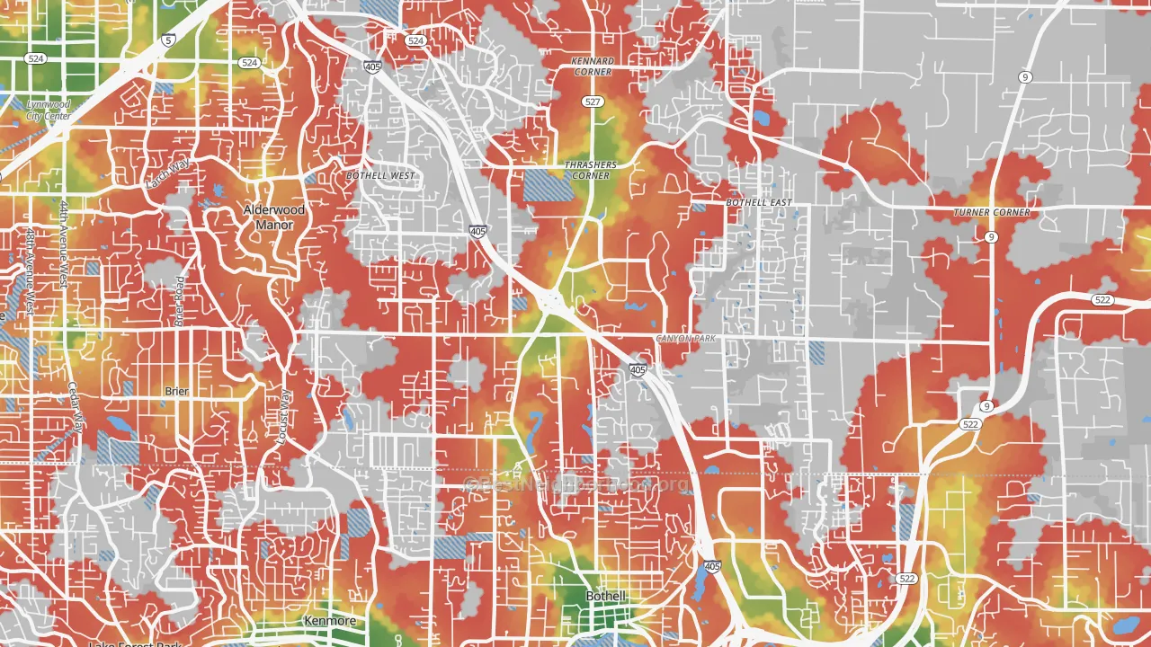 Walk Grade map of 98021, WA, walkable areas in green and car-dependent areas in red