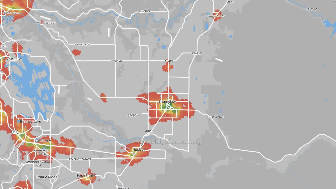 Walk Grade map of 98022, WA, walkable areas in green and car-dependent areas in red