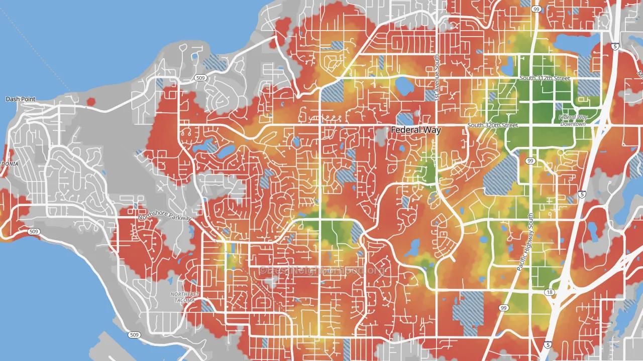 Walk Grade map of 98023, WA, walkable areas in green and car-dependent areas in red