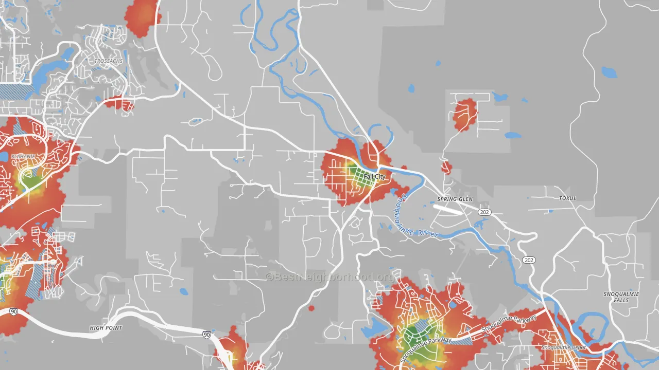 Walk Grade map of 98024, WA, walkable areas in green and car-dependent areas in red