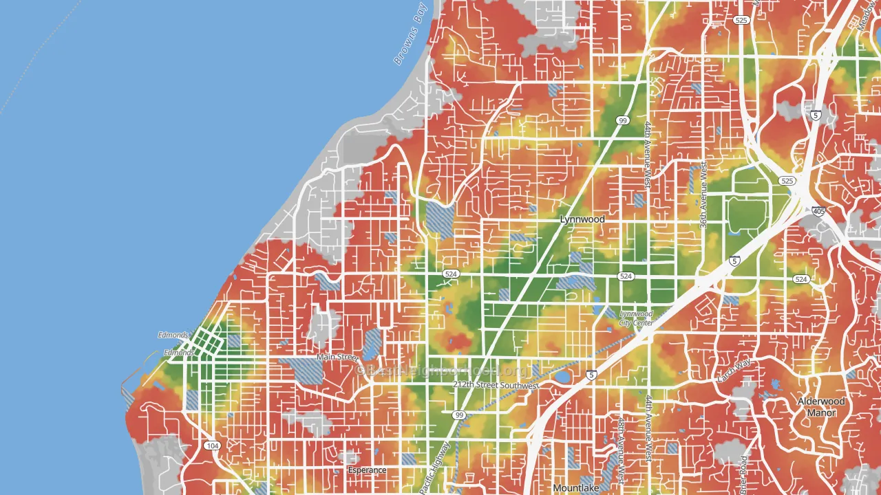 Walk Grade map of 98026, WA, walkable areas in green and car-dependent areas in red