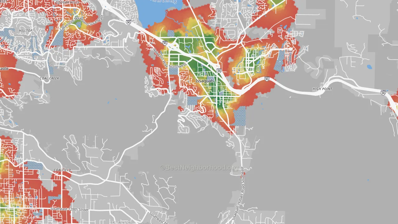 Walk Grade map of 98027, WA, walkable areas in green and car-dependent areas in red