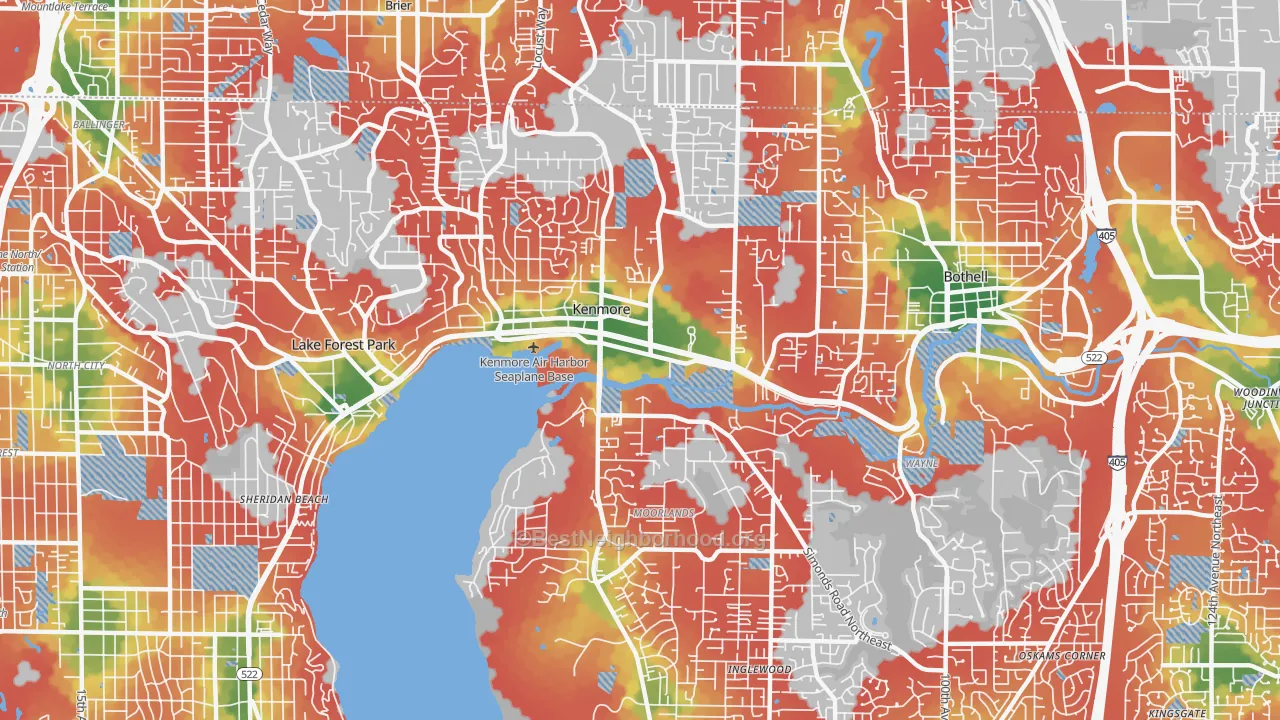 Walk Grade map of 98028, WA, walkable areas in green and car-dependent areas in red